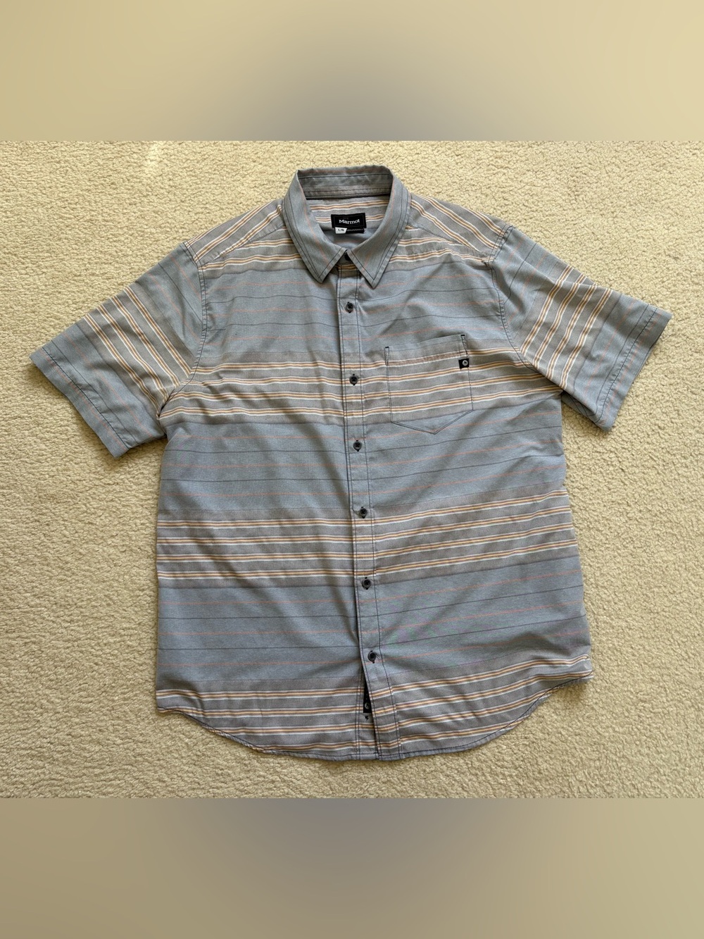 Marmot short sleeve button down shirt grey stripes sz L gorpcore camping UV 50
